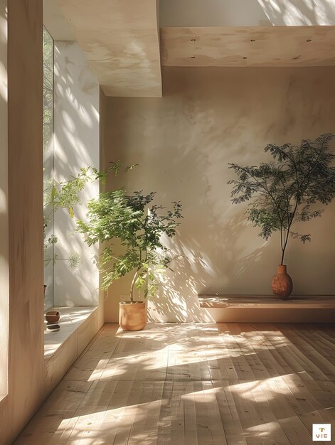 Foto een heldere en luchtige kamer met zonlicht en groen.