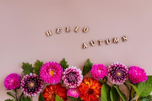 Een heldere herfst bloemenrand van asters en dahlia's op een beige achtergrondtekst van houten letters hallo herfst herfst floristisch concept