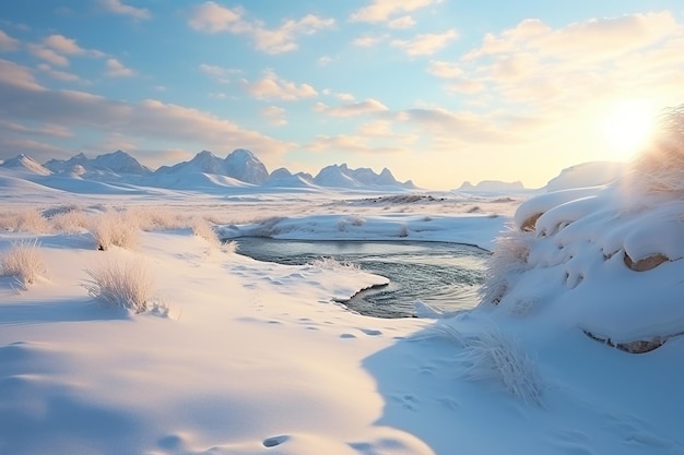 Een heldere ijskoude dag een helder winterlandschap met een klein meer in het midden van een met sneeuw bedekt veld