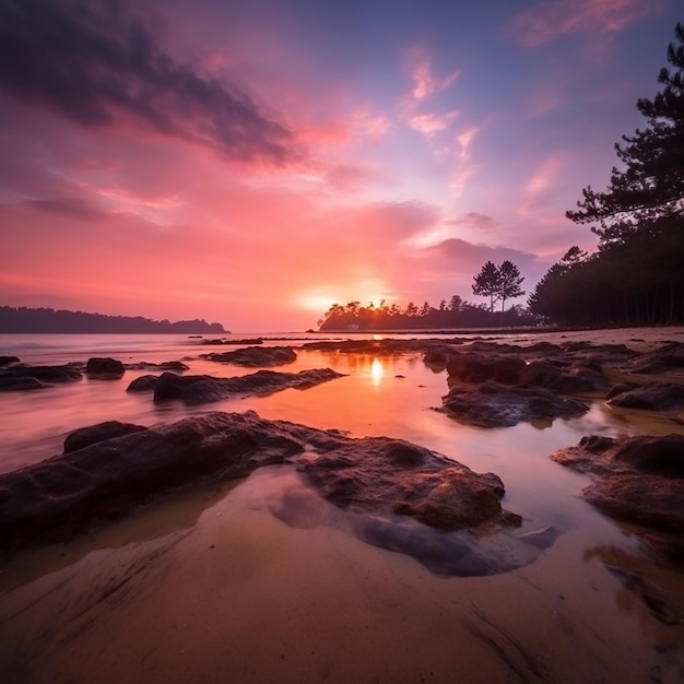 Een heldere kleurrijke zonsondergang aan de kust van een tropisch eiland Landschap