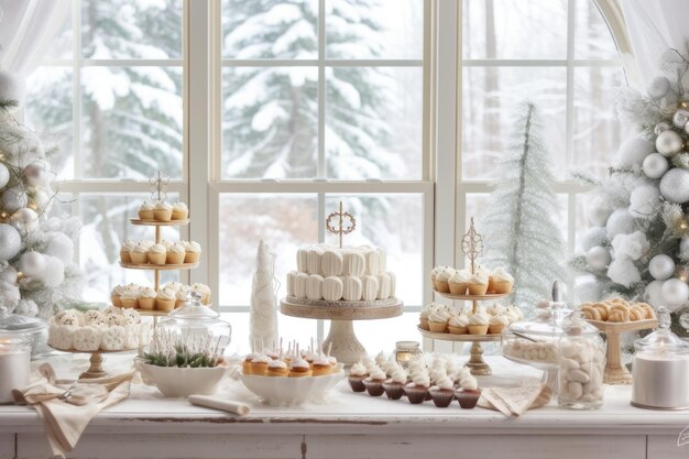 een heldere luchtige dessertbuffet met een taart