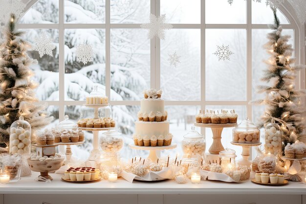 een heldere luchtige dessertbuffet met een taart