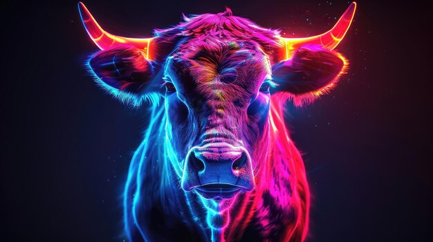 Een heldere neon weergave van een stier met een kosmische achtergrond in een mengeling van warme en koude kleuren