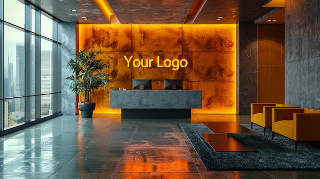 Foto een heldere oranje muur met een bord waarop je logo staat