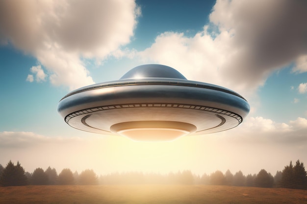 Een heldere UFO zweeft op mysterieuze wijze boven een onbekende planeet met een fascinerende futuristische beschaving en verkenning van de ruimte die door Ai is gegenereerd
