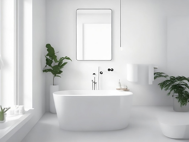 Een heldere witte badkamer met een marmeren toonbank, chroom hardeware en kranen en een blokvenster
