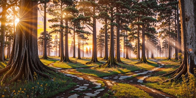 Een heldere zonsondergang verlicht een eeuwenoud bospad