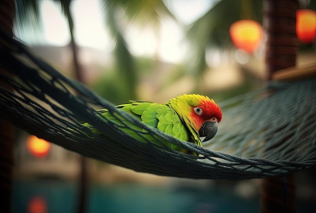 een heldergroene papegaai zit op een hangmat in een palmboom in de stijl van lensbaby optica