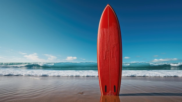 Een helderrode surfplank tegen een blauwe lucht en botsende golven