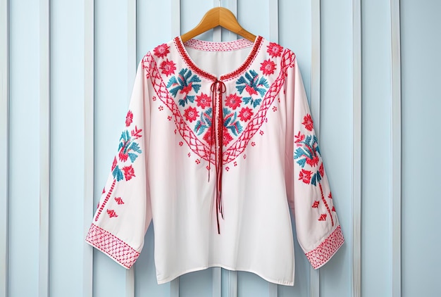 Foto een helderroze blouse op een witte achtergrond in de stijl van de inheemse cultuur