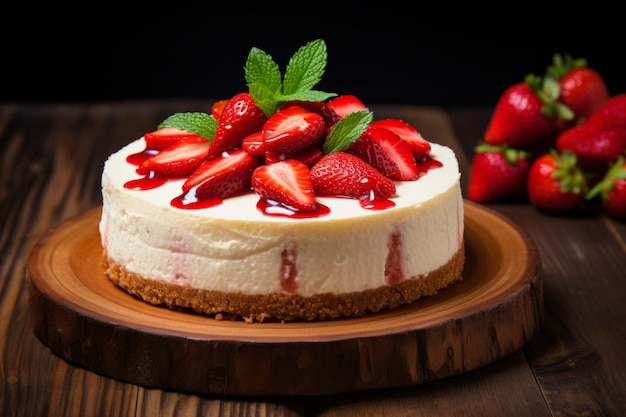 Een hele cheesecake met aardbeien jam en munt bladeren op het houten bord op de tafel