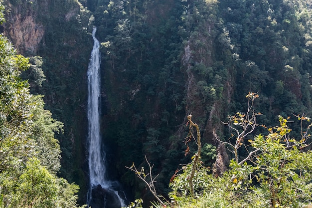 Een hele hoge waterval van een klif in de kloof tot een grote rots beneden, vanuit het uitzichtpunt in het nationale park.