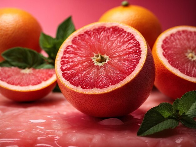 Een hele tros grapefruit met bladeren en een halve.