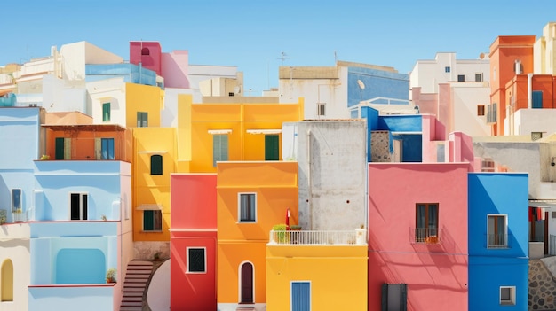 Een heleboel gebouwen die allemaal verschillende kleuren hebben
