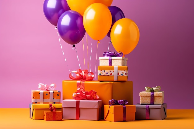 Een heleboel kleurrijke geschenkdozen met ballonnen en een is vastgebonden met een lint.