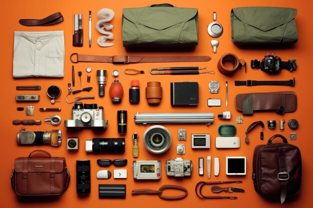Een heleboel voorwerpen, waaronder een camera, camera en andere voorwerpen