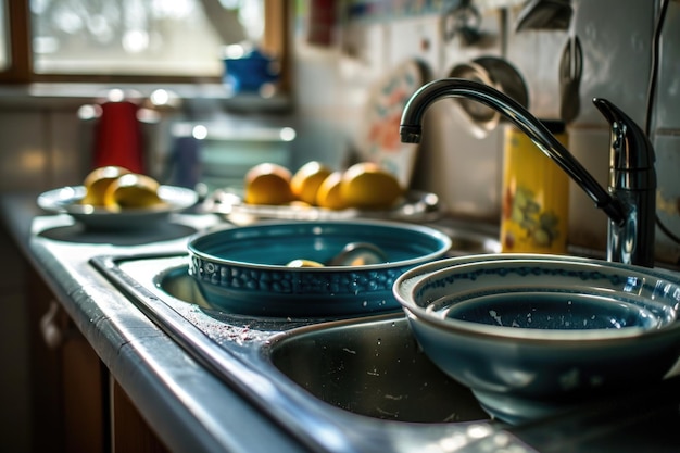 Een heleboel vuile vaat zit in de gootsteen in de keuken.