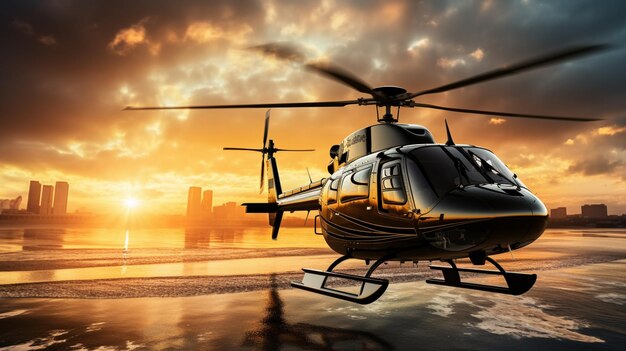 Foto een helikopter met een opkomende zon achter