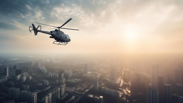 een helikopter vliegt bij zonsondergang over een stad.