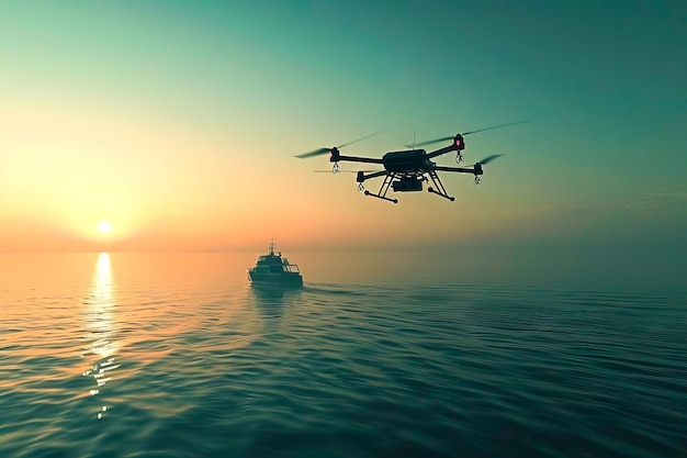Een helikopter vliegt boven een boot die in de uitgestrekte oceaan vaart