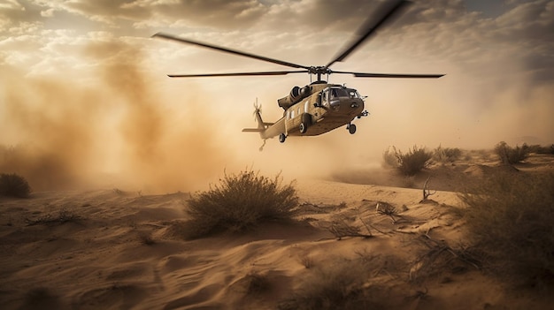 Een helikopter vliegt door de woestijn met stof op de achtergrond.