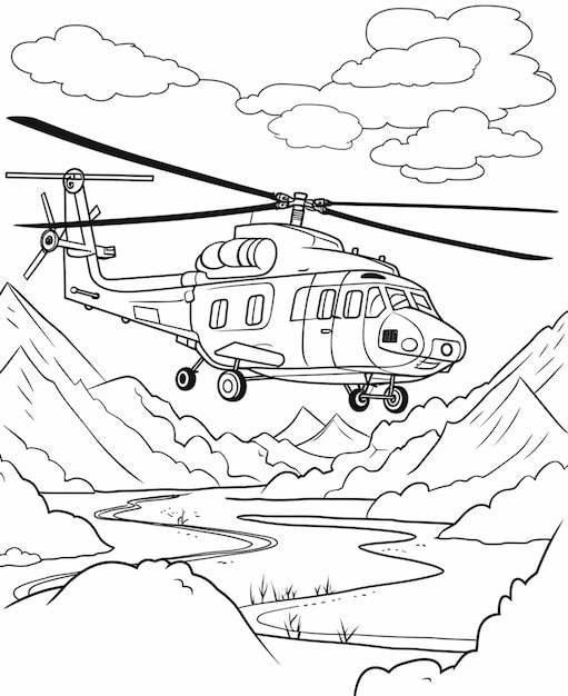 Foto een helikopter vliegt over een berg met een meer op de voorgrond