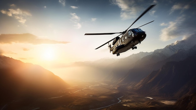 een helikopter vliegt over een bergdal met de zon erachter.