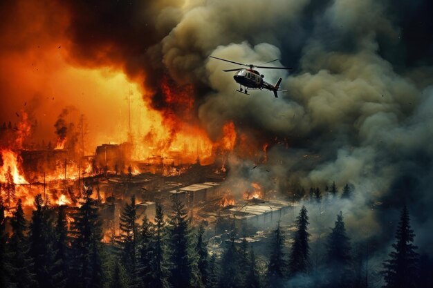 Een helikopter zweeft boven een bosbrand en laat water vrij om de brand te blussen.