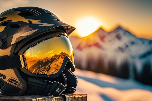 Een helm en bril staan op een houten rail voor een bergketen.