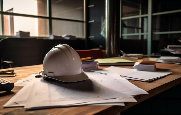 Een helm en werkpapieren op een tafel in een kantoor