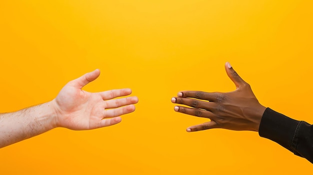 Een helpende hand Een zwarte hand die uitreikt naar een witte hand op een gele achtergrond