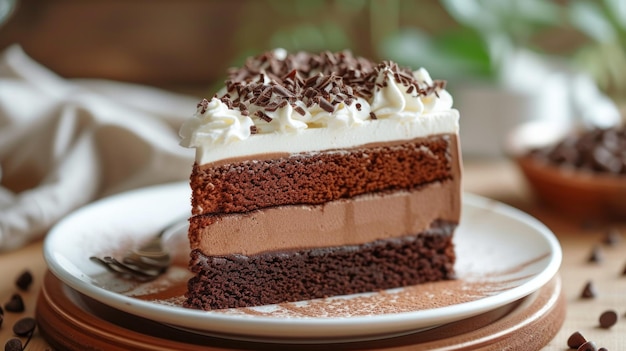 Een hemelse chocolade mousse taart met lagen fluweelachtige chocolade en slagroom