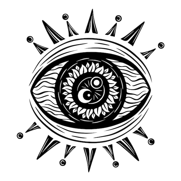 een hemelse illustratie van een zwart-witte tekening van een zon in een oog
