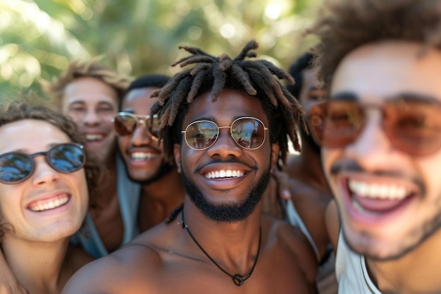 Een herbruikbare jonge groep gelukkige mensen neemt een selfie foto op een camera buiten