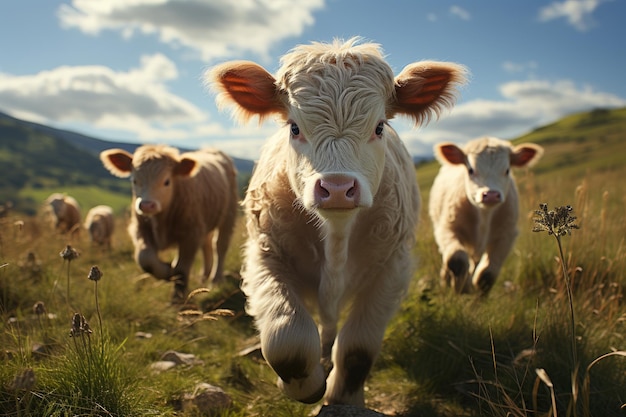 Een herder voedt koeien gelukkig op een boerderij met brede weidegronden producten van koeien te koop vlees melk kaas boter