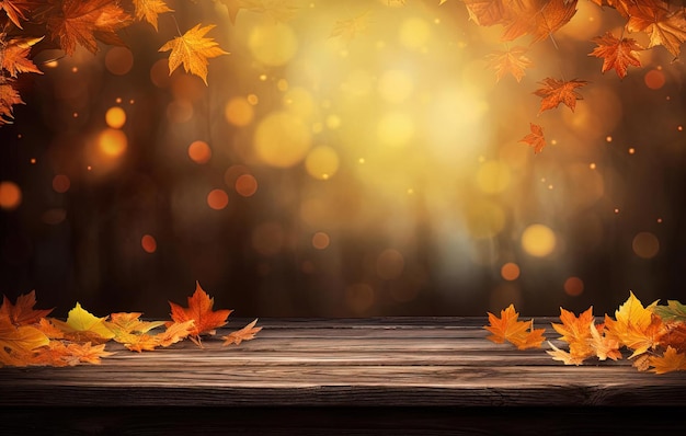 een herfsthouten tafel met bladeren in de stijl van lichtgevulde landschappen