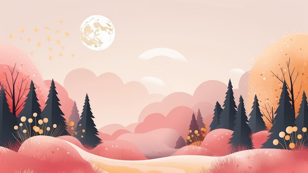 een herfstlandschap met bomen en een maan aan de hemel