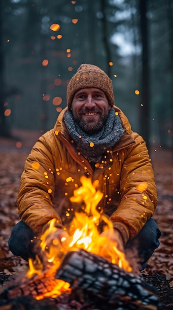 Een herfstman die zijn handen verwarmt bij een vuur