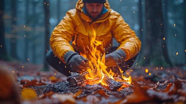Een herfstman die zijn handen verwarmt bij een vuur