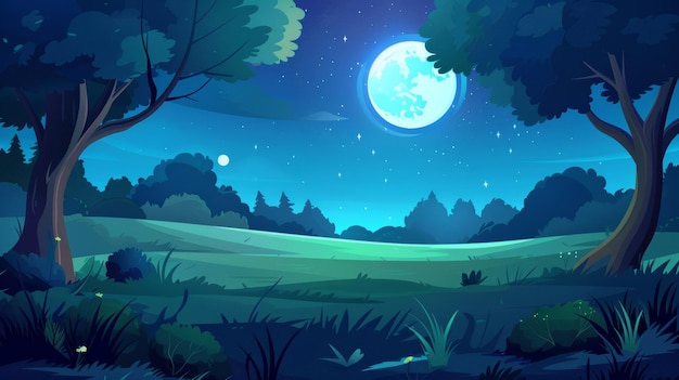 Een herfstnacht landschap met donkere bomen struiken gras het landschap in het park bevat bomen weiden een blauwe hemel en een volle maan in de hemel alles geïllustreerd in een moderne stijl