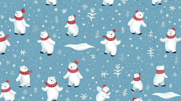 Foto een herhalend patroon van vriendelijke ijsberen die kerstmanhoeden en sjaals dragen