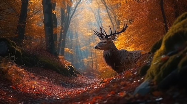 Een hert in een bos met herfstkleuren