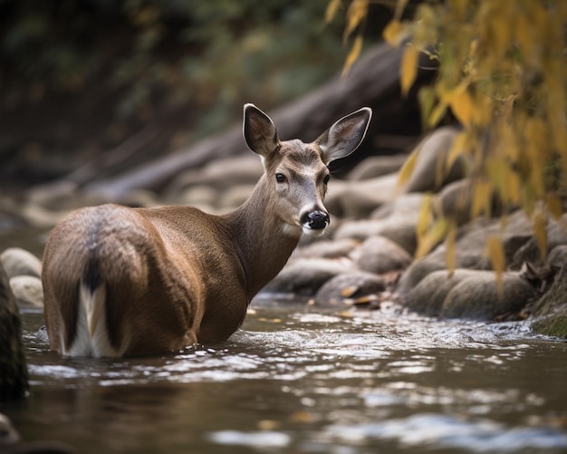 Foto een hert in een rivier met herfstbladeren op de grond
