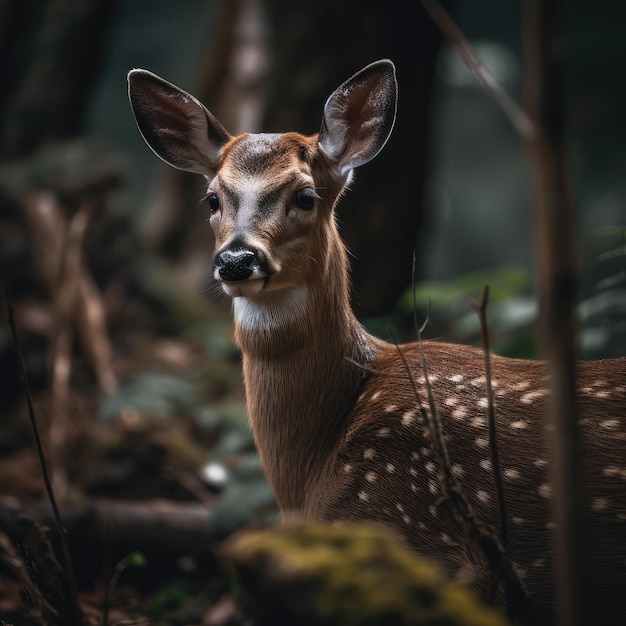 Een hert in het bos met een rode achtergrond