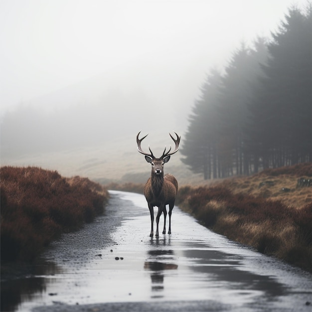 een hert in het midden van een weg op een mistige dag die eerder regende met bos en bomen rond