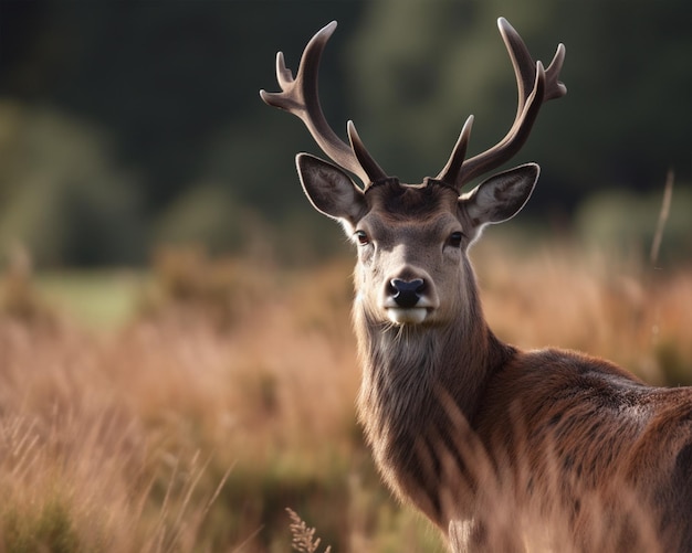 Een hert met een borstelige neus en een zwarte neus staat in een veld.