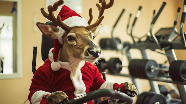 Een hert met een kerstmanhoed rijdt op een fiets.