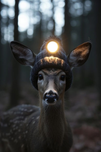 Een hert met een lantaarn op zijn hoofd staat in een donker bos