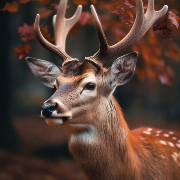 Een hert met hoorns en een zwarte neus is in het bos