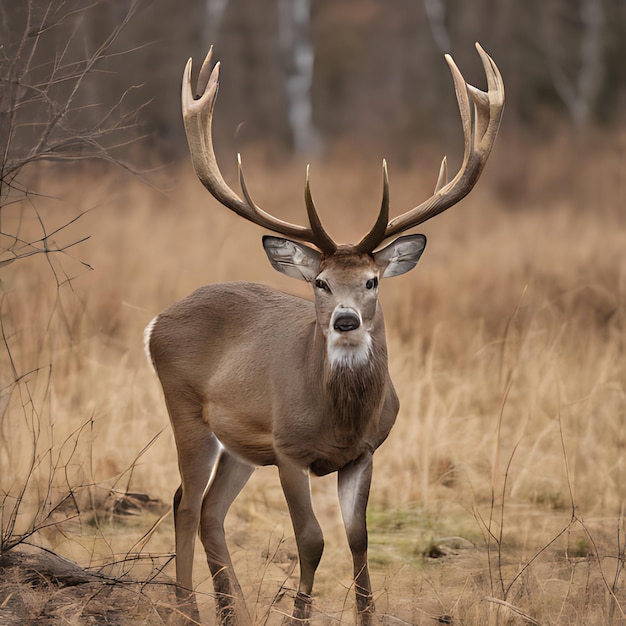 een hert met hoorns staat in een veld